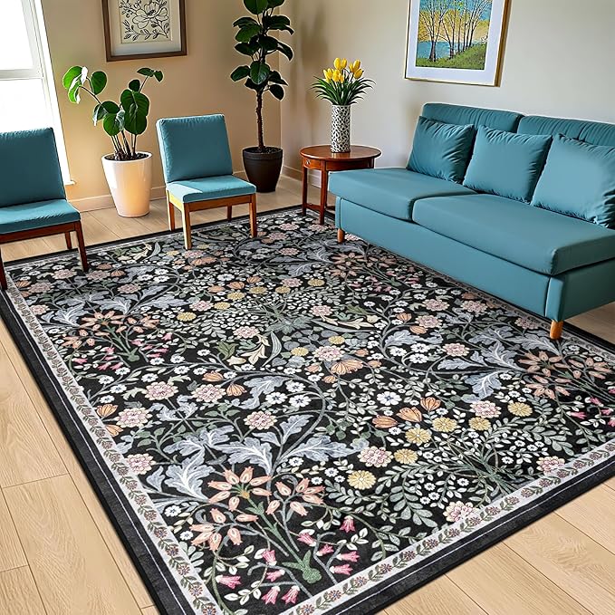 Area Rugs 9x12 Living Room: Floral Washable Rug Vintage Large Soft Boho Non-Slip Carpet Indoor Stain Resistant Low Pile Carpets for Bedroom Dining Room Farmhouse Nursery Hallway Home Office Dark Black-CubbioJoy