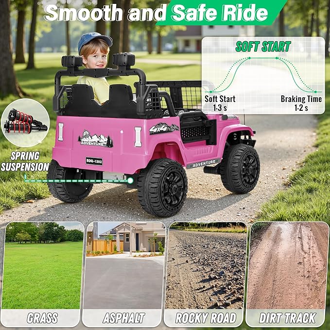 2 Seater Ride On Car Truck with Remote Control XL, Kids 24V Battery Powered Electric Vihicle w/21 in Seat, 3 Speeds, 2WD/4WD Switichable, Shock Absorbers,Bluetooth, Flower, Gift Choice-CubbioJoy