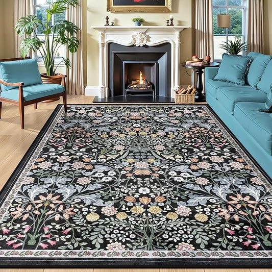 8x10 Area Rugs for Living Room: Floral Washable Rug Vintage Large Soft Boho Non-Slip Carpet Indoor Stain Resistant Low Pile Carpets for Bedroom Dining Room Farmhouse Nursery Home Office Dark Black-CubbioJoy