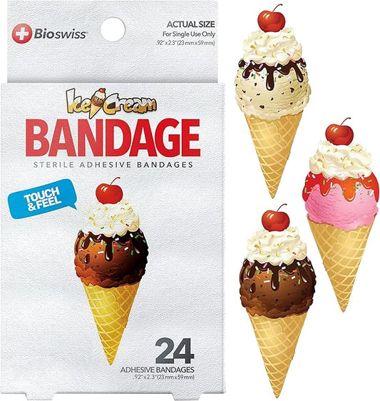 BioSwiss Bandages, Ice Cream Shaped Self Adhesive Bandage, Latex Free Sterile Wound Care, Fun First Aid Kit Supplies for Kids, 24 Count-CubbioJoy