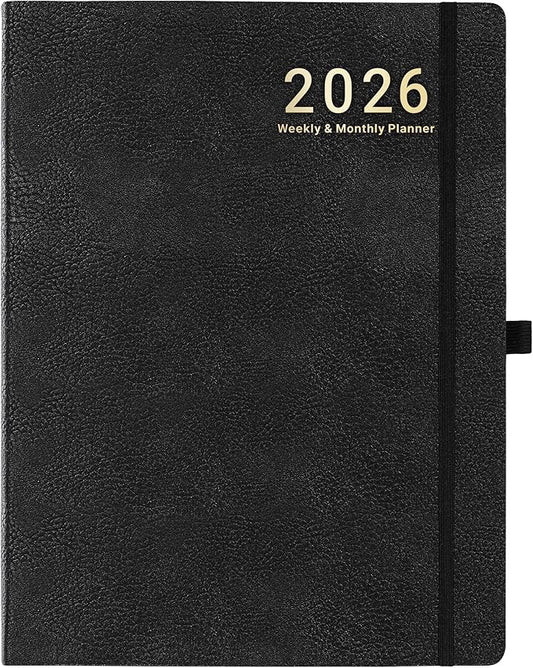2026 Planner - JAN 2026 - DEC 2026, Planner Weekly and Monthly, Calendar Planner, 8.5" x 11", Leather Cover Planner with Thick Paper, Back Pocket with Notes Pages, Black-CubbioJoy