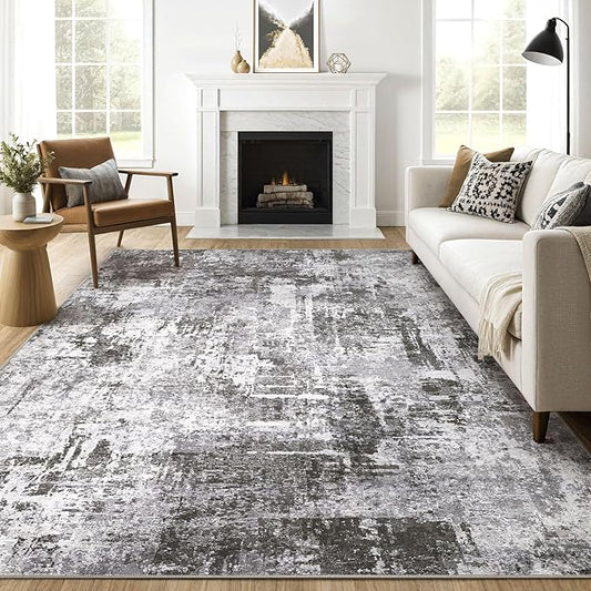 9x12 Area Rug Living Room: Washable Large Abstract Modern Soft Stain Resistant Indoor Floor Rugs Non Slip Accent Carpet for Bedroom Nursery Playroom Office Dining Room Dorm Home House- Black Grey-CubbioJoy
