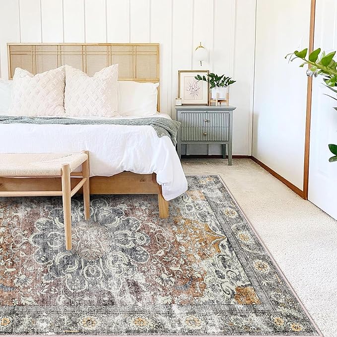 Area Rug 5x7 Washable Rug Brown Vintage Traditional Floor Cover Foldable Thin Retro Kitchen Accent Indoor Distressed Non Slip Carpet Bedroom Living Room Bathroom-CubbioJoy