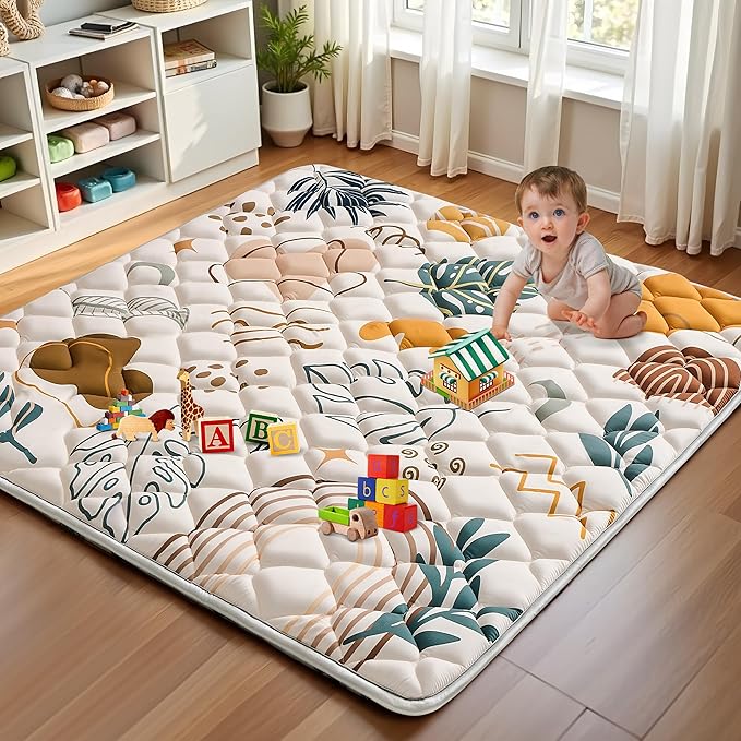 Baby Play Mats for Floor, 50x50 Playpen Mat for Babies, Extra Thicker & Soft Floor Crawling Mat, Foldable Non-Slip Playmat Cushioned for Infants Toddlers, Boho Leaf Style-CubbioJoy