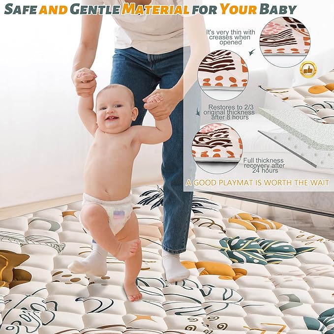 Baby Play Mats for Floor, 50x50 Playpen Mat for Babies, Extra Thicker & Soft Floor Crawling Mat, Foldable Non-Slip Playmat Cushioned for Infants Toddlers, Boho Leaf Style-CubbioJoy