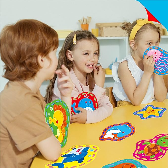 9 Pieces Kids Lacing Cards, Double Sided Sewing Cards in 9 Marine Animal Cards with 9 Colorful Laces, Imagination Development Lacing Toys Games for Children Educational and Learning Activity-CubbioJoy