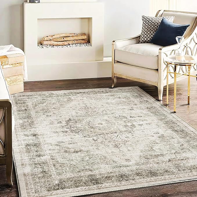Area Rug 5'x7' Washable Rug Floral Khaki Traditional Floor Cover Thin Retro Kitchen Indoor Distressed Non Slip Carpet for Living Room Bedroom Dining Room-CubbioJoy