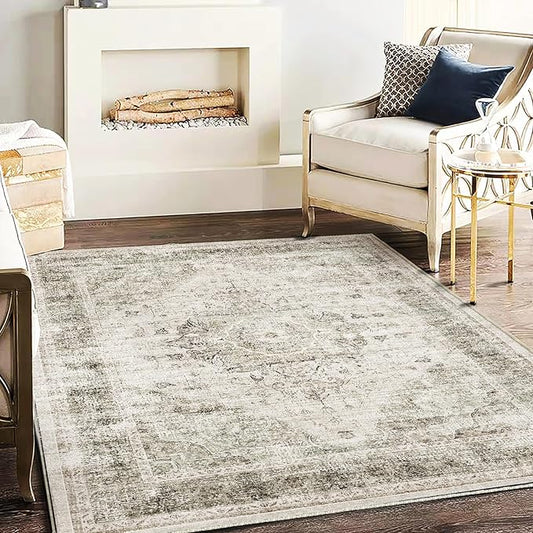 Area Rug 5'x7' Washable Rug Floral Khaki Traditional Floor Cover Thin Retro Kitchen Indoor Distressed Non Slip Carpet for Living Room Bedroom Dining Room-CubbioJoy