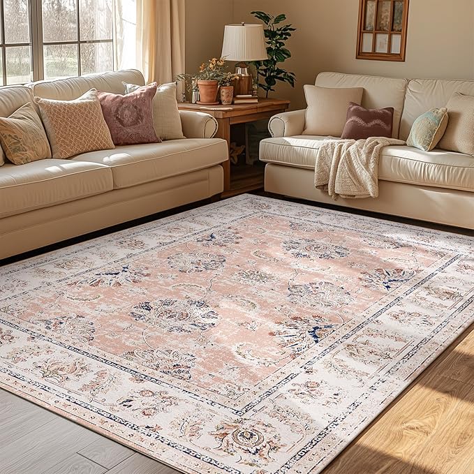 jinchan Vintage Floral 5x7 Area Rugs for Bedroom - Machine Washable Distressed Design Stain Resistant Boho Carpet Ultra-Thin Low Pile Non-Slip for Living Room Dining Room Kitchen (5‘x7',Pink)-CubbioJoy