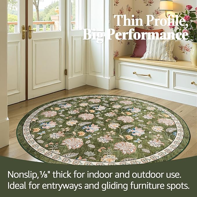 jinchan 5ft Floral Round Rug for Entryway Washable Kitchen Rug Vintage Romance Design Non Slip Indoor Doormat Lightweight Low-Profile Throw Carpet for Living Room Dining Room Bedroom, Green-CubbioJoy