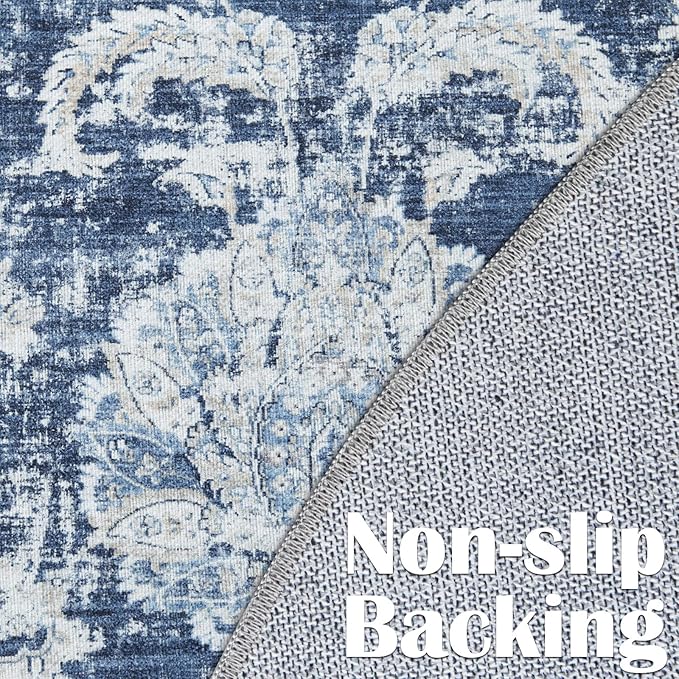 jinchan Round Rug 5ft Area Rugs Vintage Floral Distressed Design - Machine Washable Non-Slip Low-Pile Ultra-Thin Circle Rug for Entryway Bedside Living Room Dining Room Bedroom (5' Round,Dark Blue)-CubbioJoy