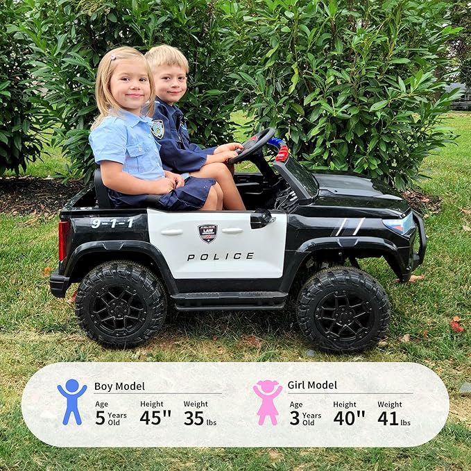 12V 7Ah Electric Police Car Ride on Toy for Big Kids, 2 Seater Kids Ride on Car SUV with Remote Control, Bluetooth - Black-CubbioJoy