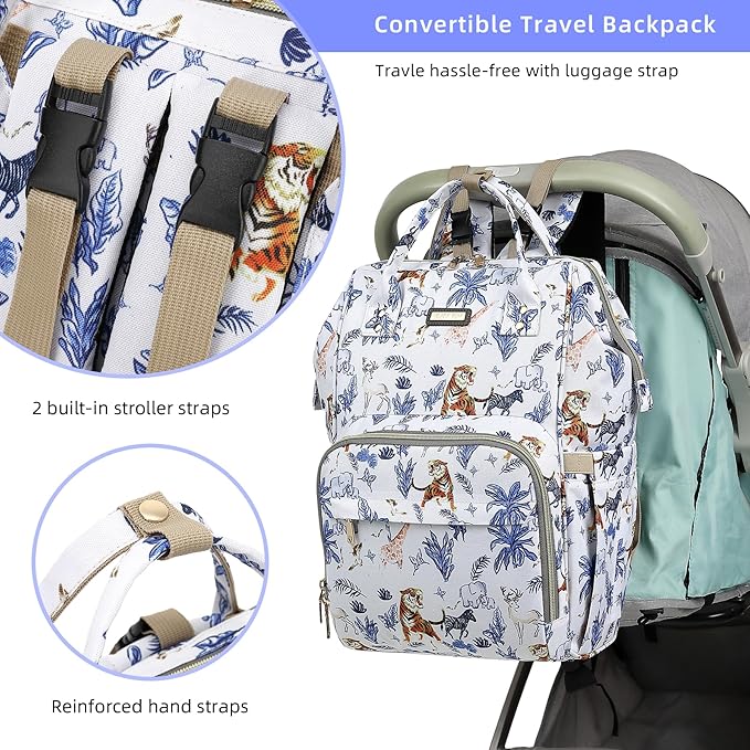 Diaper Bag Backpack, Diaper Bags for Baby Girls Boys, Baby Bags for Moms Dads, Nappy Changing Bag with Insulated Pockets,Multi-functional Waterproof Backpack with Stroller straps-Animal World White-CubbioJoy