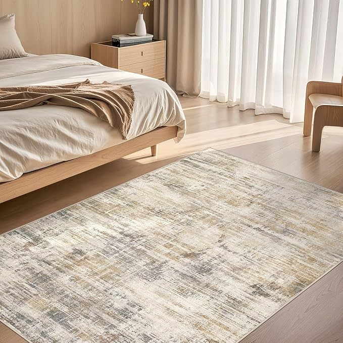 Area Rug for Living Room: 4x6 Washable Neutral Abstract Modern Soft Rugs Non Slip Indoor Floor Stain Resistant Carpet for Bedroom Dining Room Office Nursery - Golden Brown-CubbioJoy