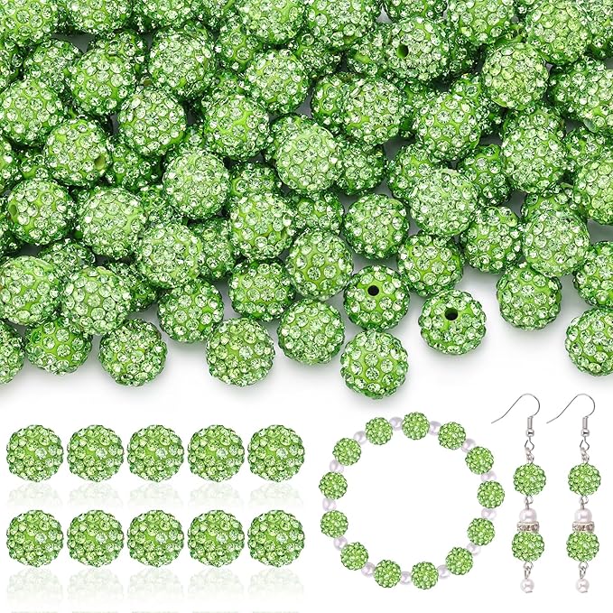 160pcs 10mm Rhinestone Beads for Jewelry Making, Light Green Shiny Round Disco Ball Beads Bulk, Sparkle Crystal Clay Christmas for Bracelet Baseball Necklace Earring Crafting and DIY-CubbioJoy