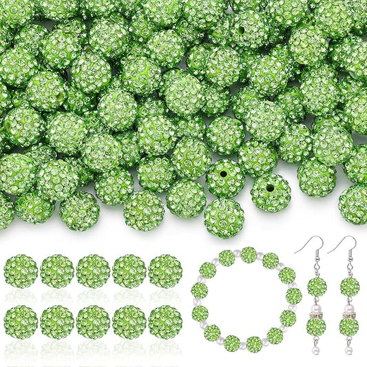 200pcs 10mm Rhinestone Beads for Jewelry Making, Light Green Shiny Round Disco Ball Beads Bulk, Sparkle Crystal Clay Christmas for Bracelet Baseball Necklace Earring Crafting and DIY-CubbioJoy