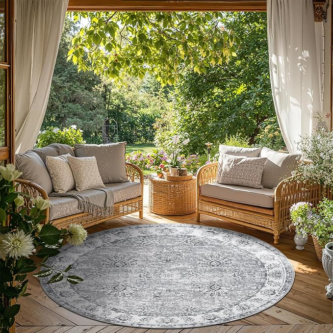 jinchan Round Rug 6ft Area Rug - Grey Vintage Floor Mat Kitchen Indoor Ultra-Thin Soft Floral Print - Washable Circle 6' Retro Accent for Farmhouse Non Slip Dining Room Living Room Bedroom Office-CubbioJoy