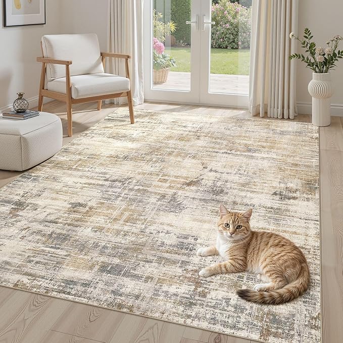 Area Rug for Living Room: 6x9 Washable Neutral Abstract Modern Soft Rugs Non Slip Indoor Floor Stain Resistant Large Carpet for Bedroom Dining Room Office Nursery - Golden Brown-CubbioJoy