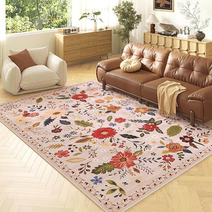 5x7 Washable Rug for Living Room, Pink Floral Area Rug, Non Slip Low Pile Soft Flower Carpet, Large Rugs for Bedroom, Dining Room, Office, Kids Playroom, Nursery, Pink/Beige-CubbioJoy