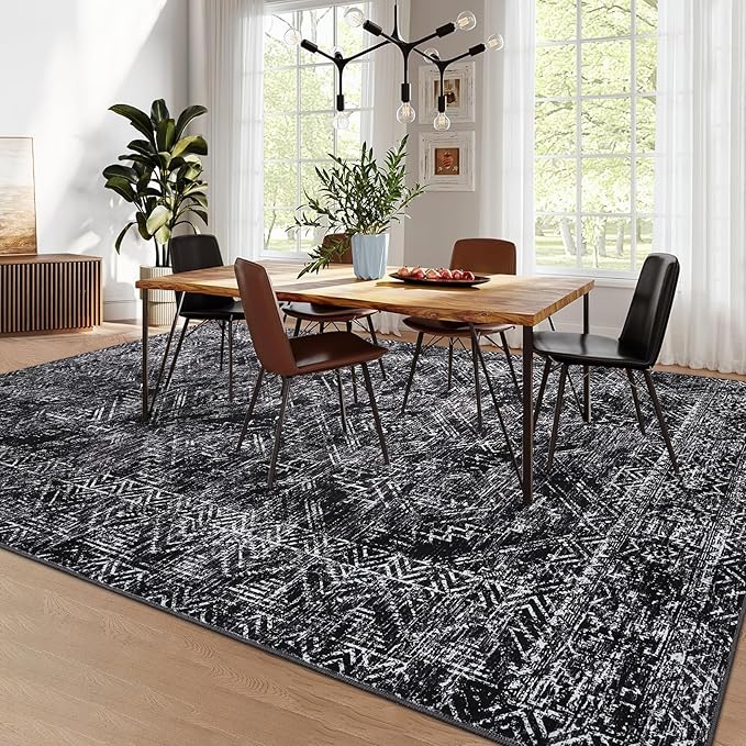 COZYLOOM Black Rug for Living Room 9x12 Machine Washable Area Rugs Modern Abstract Door Mats Non Slip Stain Resistant Geometric Accent Carpet for Bedroom, Dining Room, Nursery-CubbioJoy