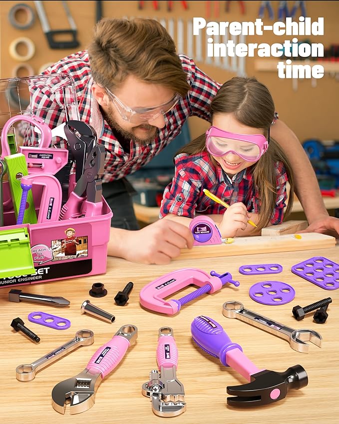 Deejoy Tool Set with Tool Box & Electronic Toy Drill, Pretend Play Kids Construction Kits for Kids Ages 3-5 Years Old, Toddler Tool Set(Pink)-CubbioJoy