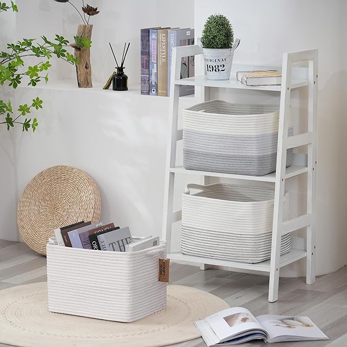 COMFY-HOMI 3PACK Cotton Rope Square Basket with Handles for Shelves|Dog Toy Basket Bin and Storage|Baby Basket for Gif|Shoe basket for Organizing|New13.5" x 11" x 9.5" for Living Room（All White）-CubbioJoy