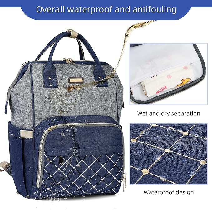 Diaper Bag Backpack, Diaper Bags for Baby Girls Boys, Baby Bags for Moms Dads, Nappy Changing Bag with Insulated Pockets,Multi-functional Waterproof Backpack with Stroller straps- Light Grey Blue-CubbioJoy