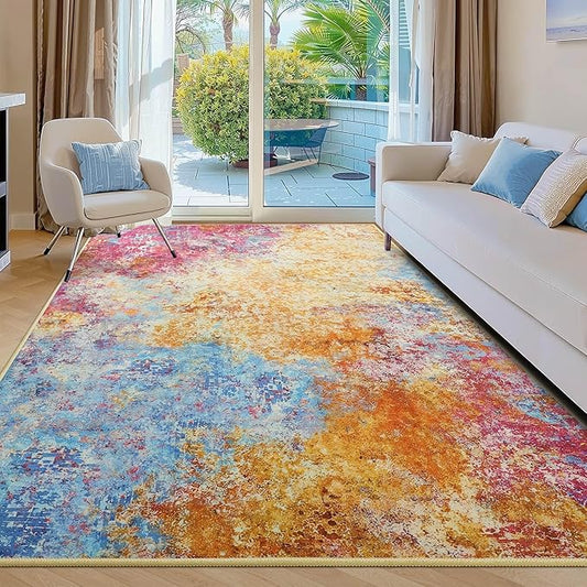 Kelarea Living Room Rug, 4x6 Modern Abstract Washable Rugs, Colorful Soft Non Slip Low Pile Carpet, Stain Resistant Rugs for Bedroom, Dining Room, Nursery, Home Office-CubbioJoy