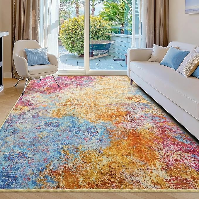Kelarea Living Room Rug, 5x7 Modern Abstract Washable Rugs, Colorful Non Slip Low Pile Carpet, Stain Resistant Rugs for Bedroom, Dining Room, Nursery, Home Office-CubbioJoy