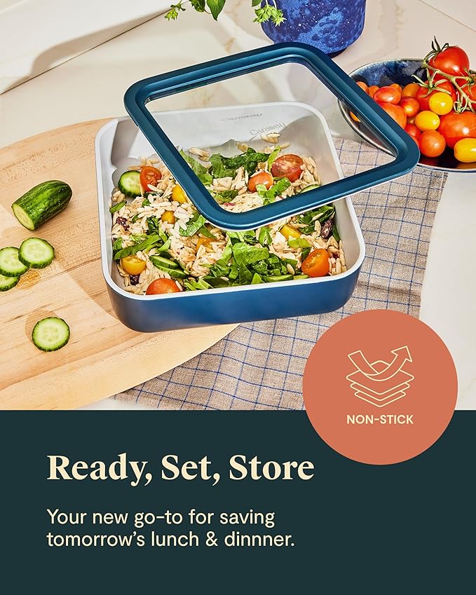 Caraway Glass Food Storage, 10 Cup Glass Container,Ceramic Coated Food Container,Easy to Store, Non Toxic, Non Stick Lunch Box Container with Glass Lids. Dishwasher, Oven,Square Shape,Navy-CubbioJoy