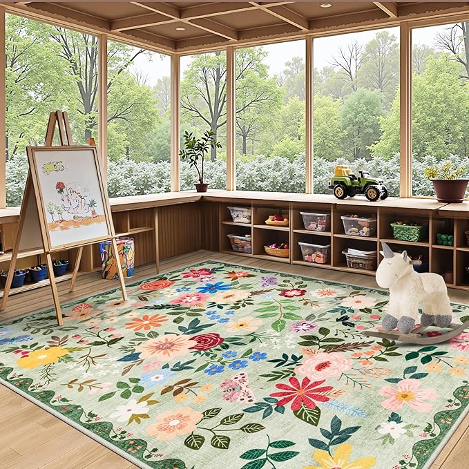 Area Rug Living Room Rugs: Floral 4x6 Washable Rug Vintage Soft Boho Non-Slip Carpet Indoor Floor Stain Resistant Large Carpets for Bedroom Dining Room Farmhouse Nursery Hallway Home Office Green-CubbioJoy