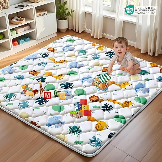 Baby Play Mats for Floor, 43x43 Playpen Mat for Babies, Extra Thicker & Soft Floor Crawling Mat, Foldable Non-Slip Playmat Cushioned for Infants Toddlers, Cute Animal Design-CubbioJoy
