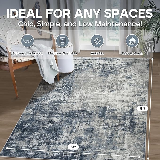 6x9 Area Rugs for Living Room Rug Washable: Modern Rug for Dining Room Bedroom Carpet Non Slip Low Pile 6 by 9 Indoor Abstract Nursery Home Office Blue Grey-CubbioJoy
