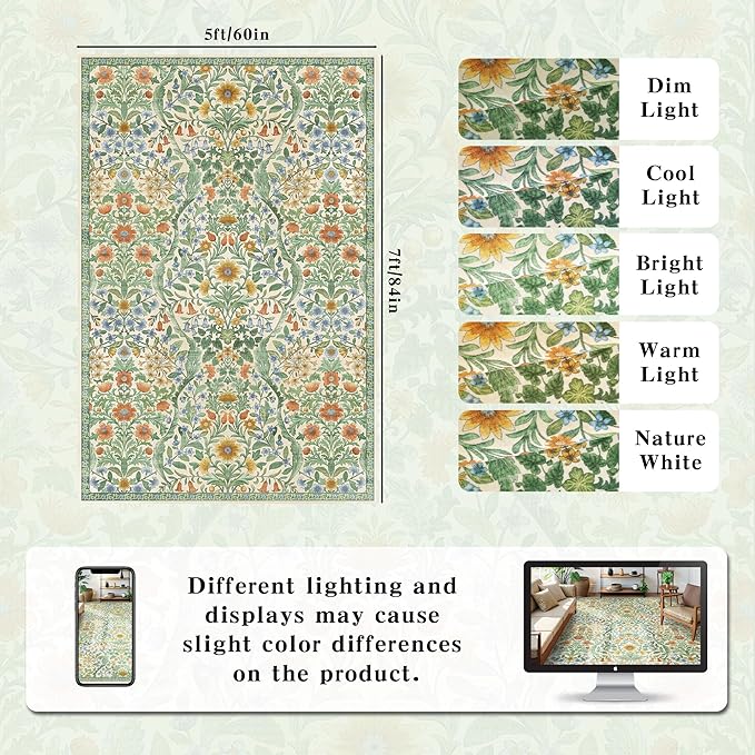 5×7 Grass Green Washable Floral Area Rug,Vintage Boho Soft Low-Pile Living Room Rugs, Stain Resistant Botanical Non-Slip Carpet for Bedroom,Dining Room, Kids Nursery,Home Decor-CubbioJoy