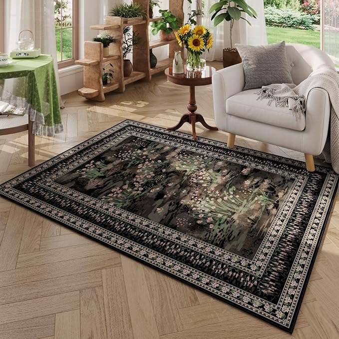 3x5 Washable Rug Impressionist-Style Vintage Non Slip Low Pile Small Carpet for Bedroom Bedside Kitchen Entryway Kids Room Office College Dorm Essentials for Girls, Black-CubbioJoy