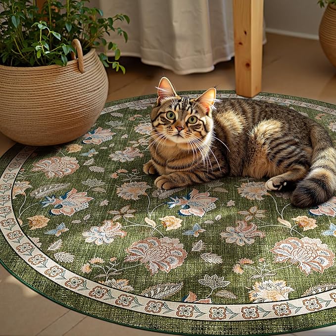 jinchan 5ft Floral Round Rug for Entryway Washable Kitchen Rug Vintage Romance Design Non Slip Indoor Doormat Lightweight Low-Profile Throw Carpet for Living Room Dining Room Bedroom, Green-CubbioJoy