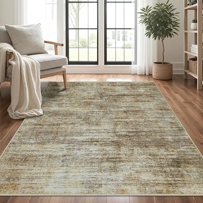 Area Rug 5x7 Living Room Rugs: Abstract Large Washable Rugs with Non-Slip Backing, Thin Carpet for Dining Room Table Bedroom Nursery Indoor Home Office-Brown-CubbioJoy