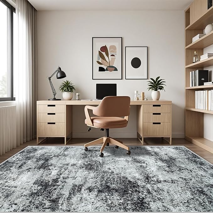 Area Rug Living Room Rugs: 5x7 Abstract Washable Rugs Ultra Soft Carpets with Non-Slip Backing Stain Resistant Carpet for Dining Room Table Bedroom Nursery Indoor Home Office Dark Black/Gray-CubbioJoy