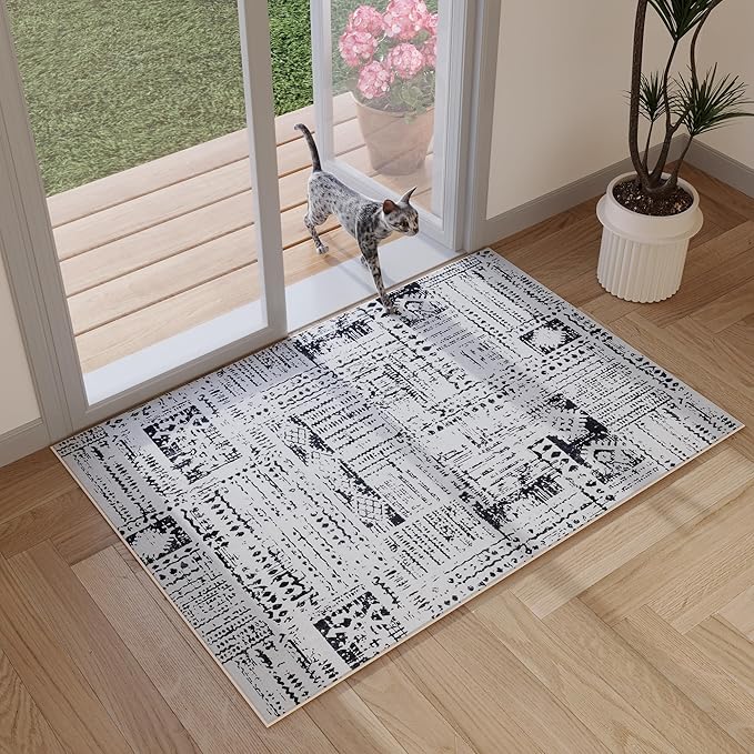 Door Mat Indoor Entrance 2x3 Rug Machine Washable Boho Moroccan Small Area Rug Non-Slip Low Pile Throw Rugs for Entryway, Kitchen, Front Door Indoor Entrance,Kids Room (Black and White)-CubbioJoy