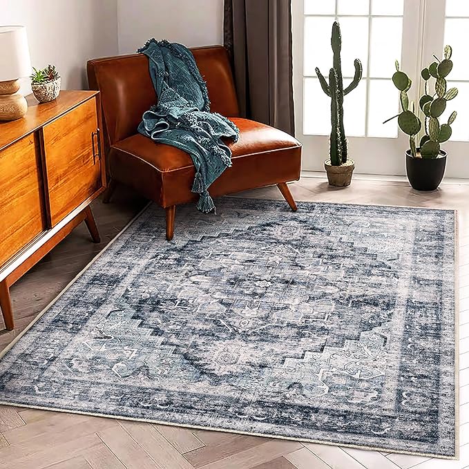 Area Rug 5'x7' Dark Blue Washable Vintage Traditional Floor Cover Thin Retro Kitchen Indoor Distressed Non Slip Carpet for Living Room Bedroom Dining Room-CubbioJoy