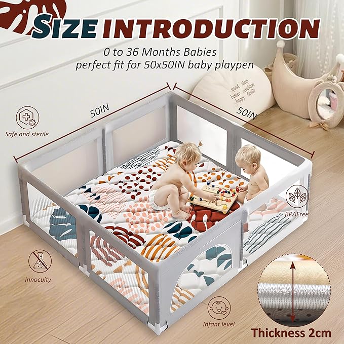 Baby Play Mats for Floor, 50x50 Playpen Mat for Babies, Extra Thicker & Soft Floor Crawling Mat, Foldable Non-Slip Playmat Cushioned for Infants Toddlers, Boho Leaf Design-CubbioJoy