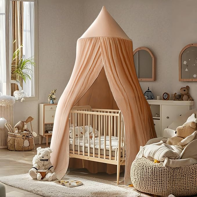 Cotton Kids Bed Canopy, Nursery Room Baby Crib Hanging Curtain Mosquito Net Hideaway Bedding Children Reading Nook Decoration, Pastel Neutral Color for Boys & Girls (Pink)-CubbioJoy