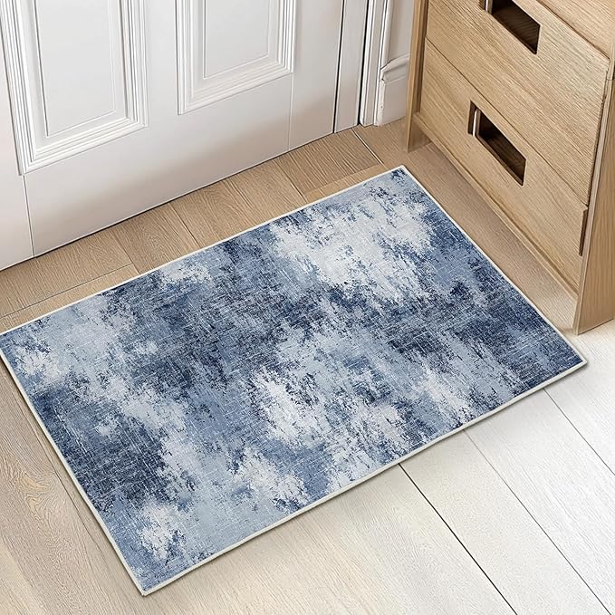 Amada Washable Entry Rug, 2x3 Modern Abstract Rug with Short Pile and Non-Slip Backing, Small Rug with Abstract Pattern for Entryway, Kitchen and Living Room, Dark Blue-CubbioJoy