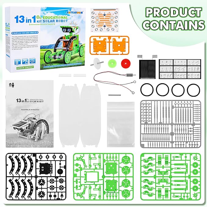Bottleboom STEM 13-in-1 Education Solar Power Robots Toys for Boys Age 8-12, Educational Toy Science Kits for Kids Experiment Robotics Set Birthday Gifts for 8 9 10 11 12 Years Old-Green-CubbioJoy