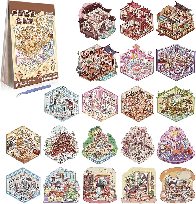 20 Sets DIY 3D Sticker Scenes for Adults Relief Stress, Cute Kawaii 3D House Sticker Therapy for Women Teen Girls Kids Pass The Time, Make Your Own Mini Room Scene Collection Book with Tweezer-CubbioJoy