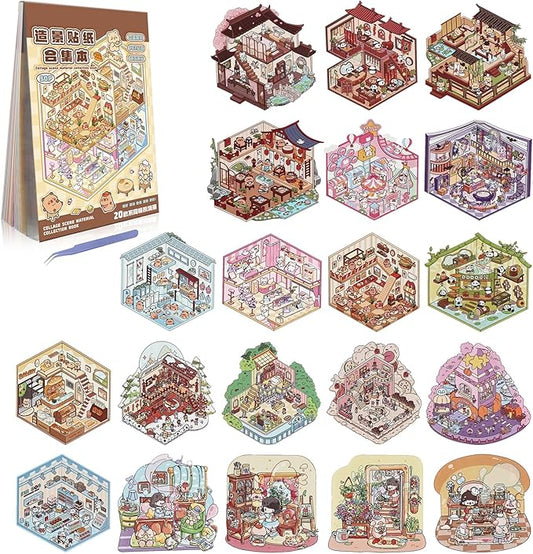 20 Sets DIY 3D Sticker Scenes for Adults Relief Stress, Cute Kawaii 3D House Sticker Therapy for Women Teen Girls Kids Pass The Time, Make Your Own Mini Room Scene Collection Book with Tweezer-CubbioJoy