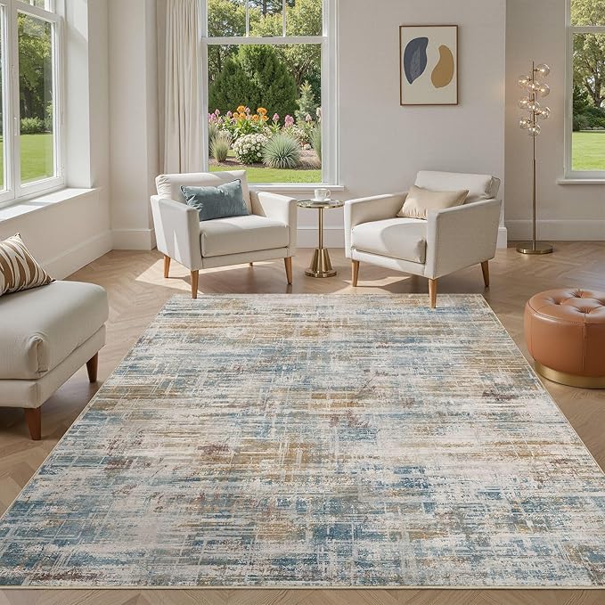 Area Rug for Living Room: 6x9 Washable Neutral Abstract Modern Soft Rugs Non Slip Indoor Floor Stain Resistant Large Carpet for Bedroom Dining Room Office Nursery - Blue Brown-CubbioJoy