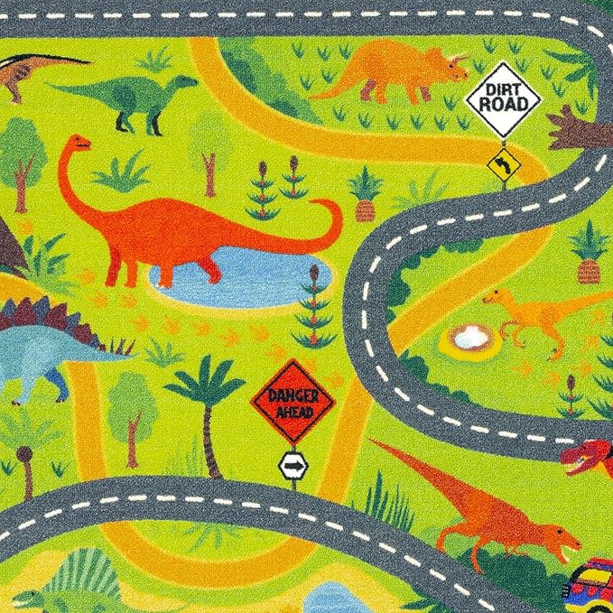 KC Cubs 3x5 Dinosaur Toy Car Dino Road Rug – Educational Play Mat Carpet for Kids, Toddlers, Nursery, Classroom, Playroom, Baby Daycare, Boys & Girls-CubbioJoy