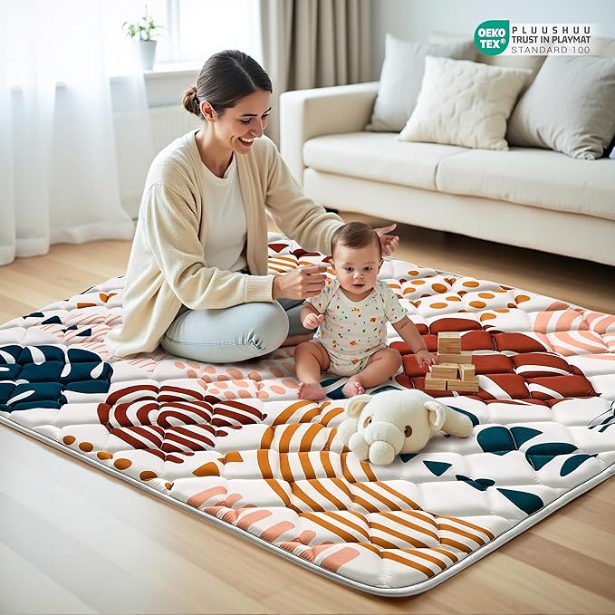 Baby Play Mats for Floor, 71x59 Playpen Mat for Babies, Extra Thicker & Soft Floor Crawling Mat, Foldable Non-Slip Playmat Cushioned for Infants Toddlers, Boho Leaf Design-CubbioJoy
