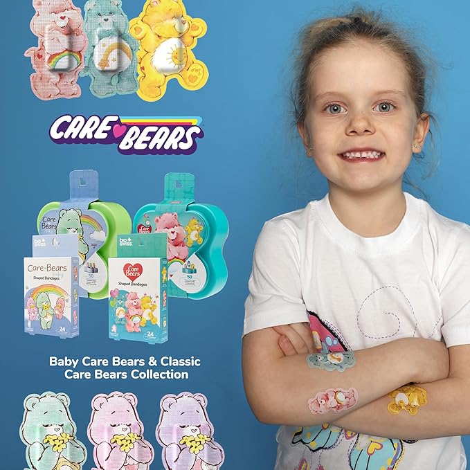 BioSwiss Care Bears Bandages, Classic Care Bear Shaped Self Adhesive Bandage, Latex Free Sterile Wound Care, Fun First Aid Kit Supplies for Kids, 24 Count-CubbioJoy